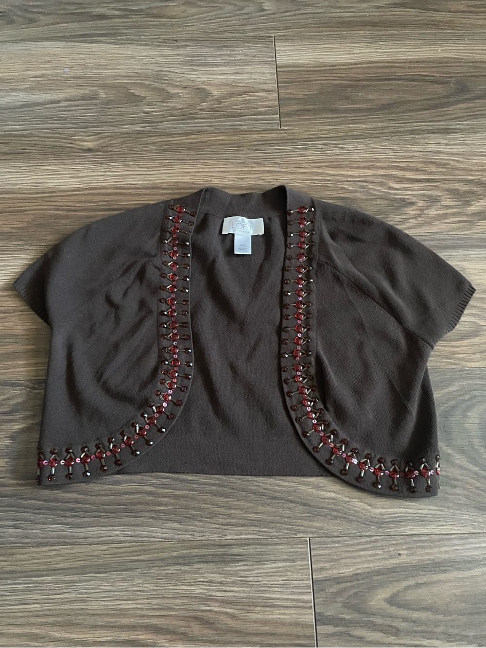 LOFT Brown Cropped Embellished Short-Sleeve Sweater Bolero